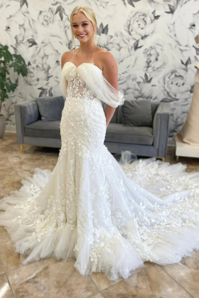 Gorgeous Off Shoulder White Lace Long Prom Dress with Train, Mermaid W abcprom Gorgeous Off Shoulder White Lace Long Prom Dress with Train, Mermaid W abcprom
