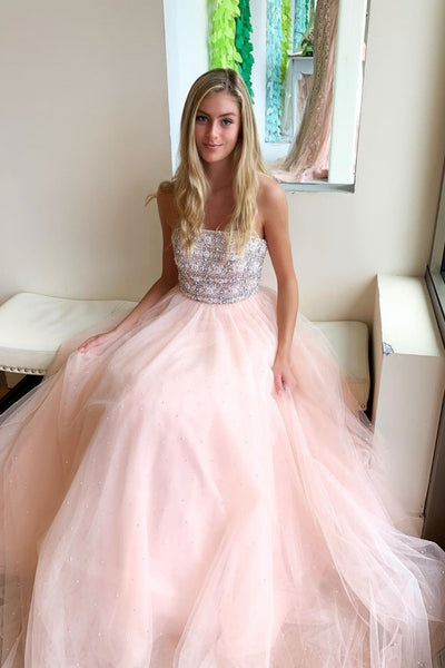 Gorgeous Strapless Beaded Pink Tulle Long Prom Dress, Beaded Pink Formal Evening Dress, Pink Ball Gown A2000