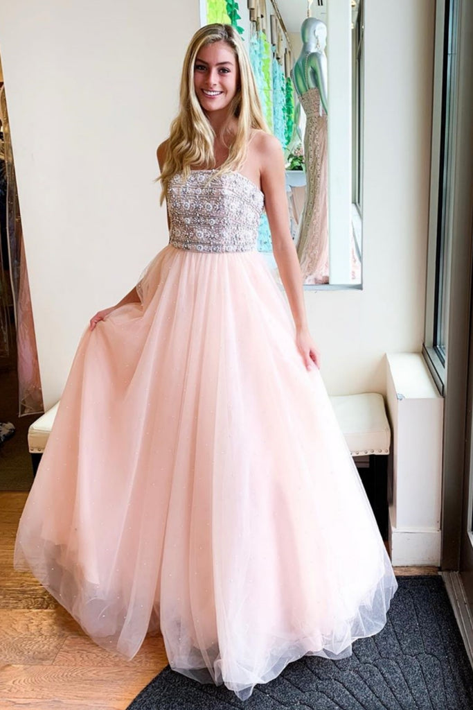 Gorgeous Strapless Beaded Pink Tulle Long Prom Dress, Beaded Pink Formal Evening Dress, Pink Ball Gown A2000