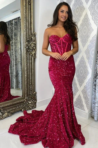 Gorgeous Strapless Mermaid Burgundy Sequins Long Prom Dress with Train, Mermaid Maroon Sequins Formal Evening Dress A2027