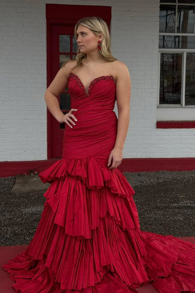 Gorgeous Strapless Mermaid Red Satin Long Prom Dress with Beadings, Mermaid Red Formal Dress, Red Evening Dress A2524