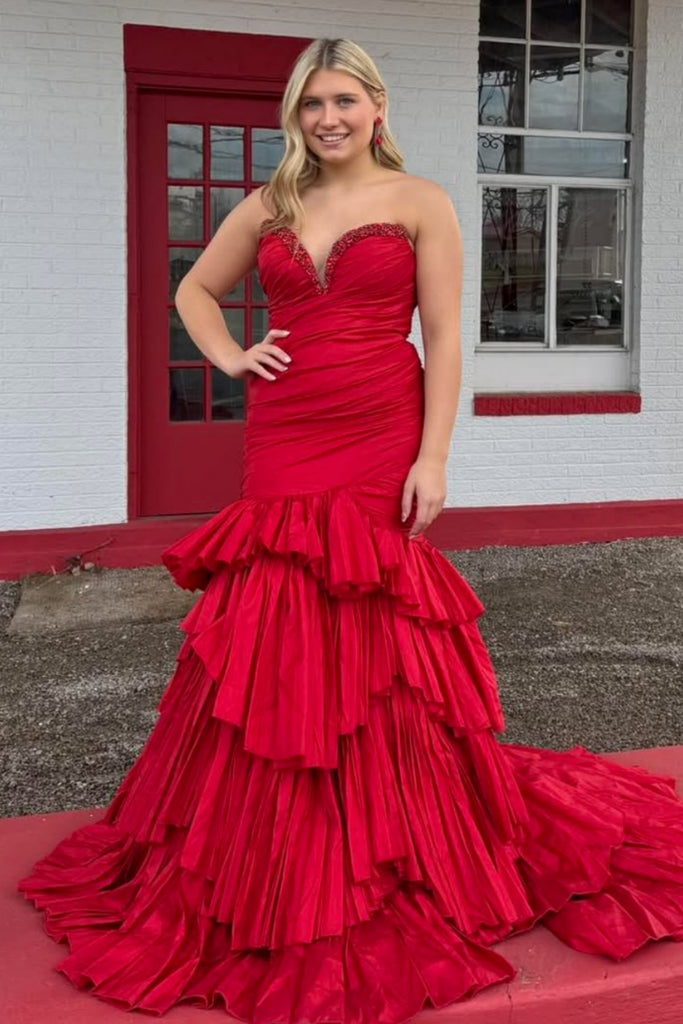 Gorgeous Strapless Mermaid Red Satin Long Prom Dress with Beadings, Mermaid Red Formal Dress, Red Evening Dress A2524