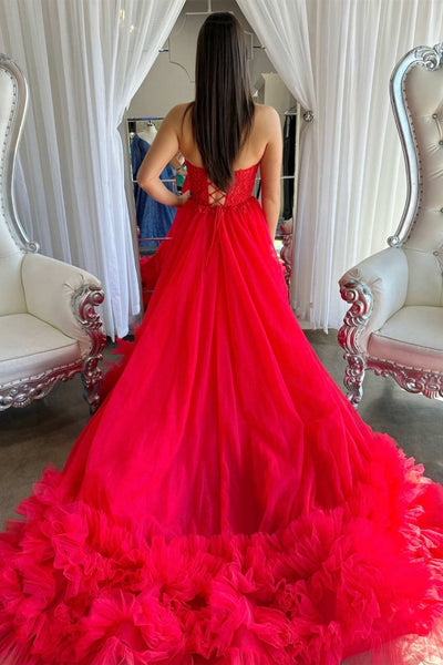 Gorgeous Strapless Red Lace Long Prom Dress with Train, Red Lace Formal Evening Dress, Red Ball Gown A2056