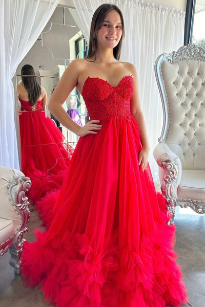 Gorgeous Strapless Red Lace Long Prom Dress with Train, Red Lace Forma