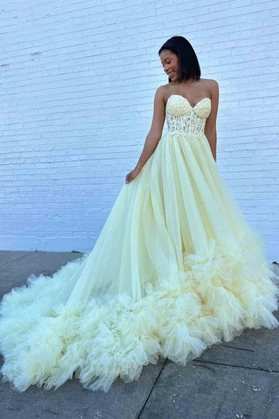 Gorgeous Strapless Yellow Lace Long Prom Dress with Train, Yellow Lace Formal Evening Dress, Yellow Ball Gown A2048