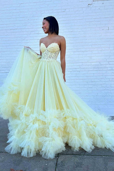 Gorgeous Strapless Yellow Lace Long Prom Dress with Train, Yellow Lace Formal Evening Dress, Yellow Ball Gown A2048