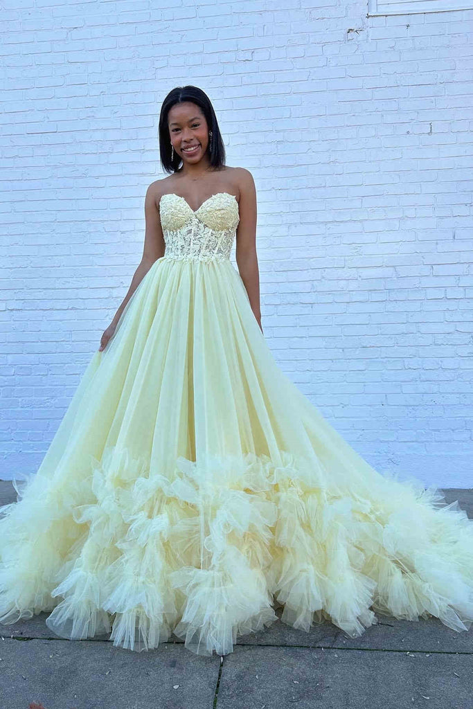 Gorgeous Strapless Yellow Lace Long Prom Dress with Train, Yellow Lace Formal Evening Dress, Yellow Ball Gown A2048 Gorgeous Strapless Yellow Lace Long Prom Dress with Train, Yellow Lace Formal Evening Dress, Yellow Ball Gown A2048