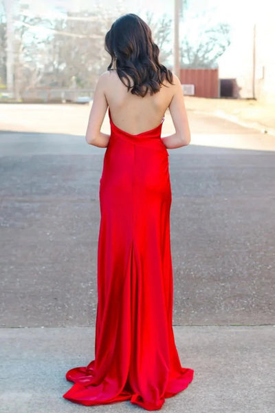 Halter Neck Backless Mermaid Red Satin Long Prom Dress with High Slit, Backless Red Formal Graduation Evening Dress A2427