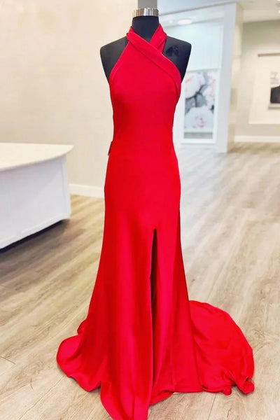 Halter Neck Backless Mermaid Red Satin Long Prom Dress with High Slit, Backless Red Formal Graduation Evening Dress A2427