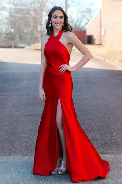 Halter Neck Backless Mermaid Red Satin Long Prom Dress with High Slit, Backless Red Formal Graduation Evening Dress A2427