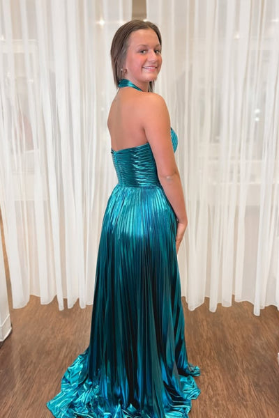 Halter Neck Backless Teal Satin Long Prom Dress with Slit, Long Teal Formal Graduation Evening Dress A2344