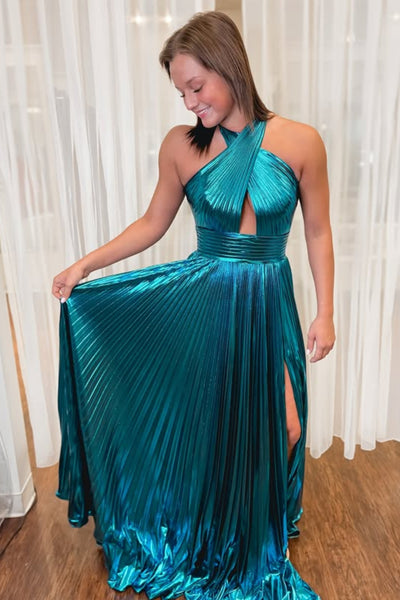 Halter Neck Backless Teal Satin Long Prom Dress with Slit, Long Teal Formal Graduation Evening Dress A2344