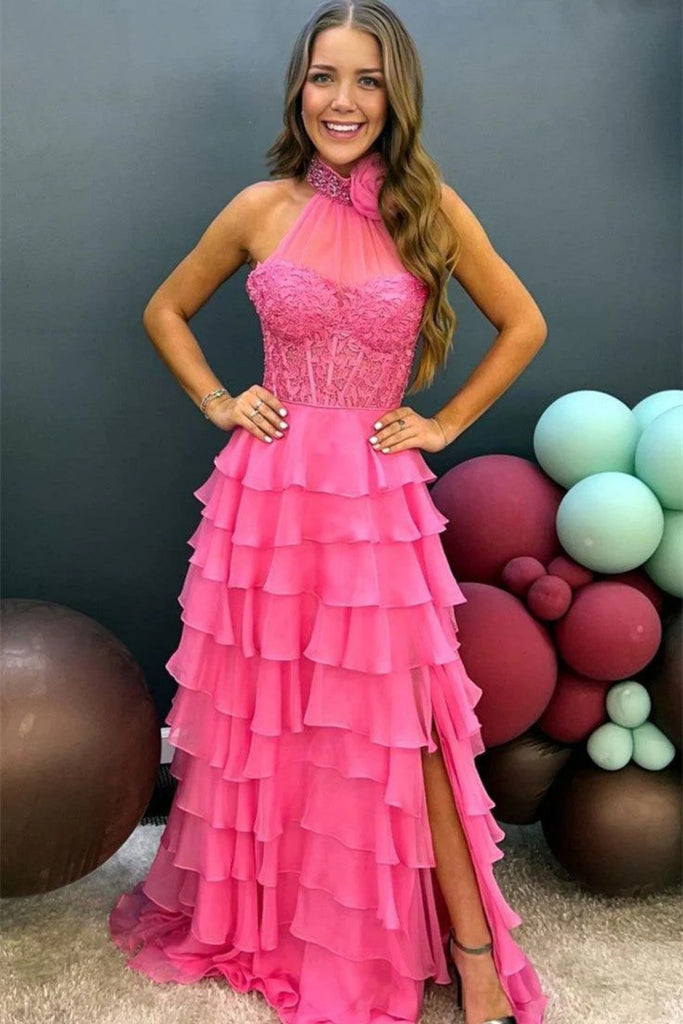 Halter Neck Pink Lace Layered Chiffon Long Prom Dress, Pink Lace Forma abcprom Halter Neck Pink Lace Layered Chiffon Long Prom Dress, Pink Lace Forma abcprom