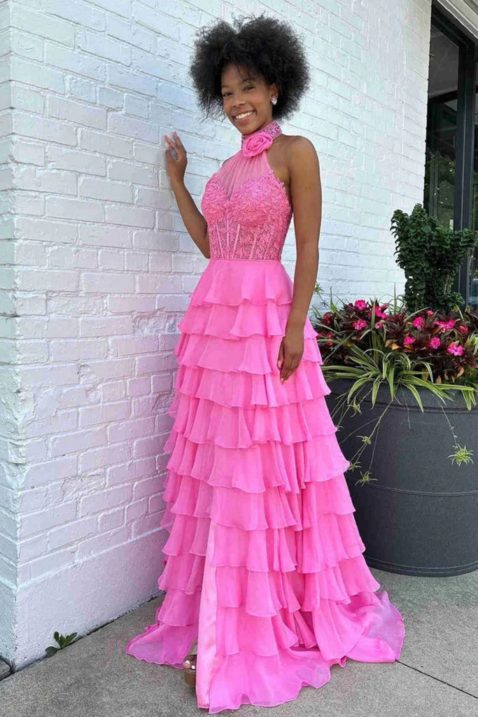 Halter Neck Pink Lace Layered Chiffon Long Prom Dress, Pink Lace Forma abcprom Halter Neck Pink Lace Layered Chiffon Long Prom Dress, Pink Lace Forma abcprom