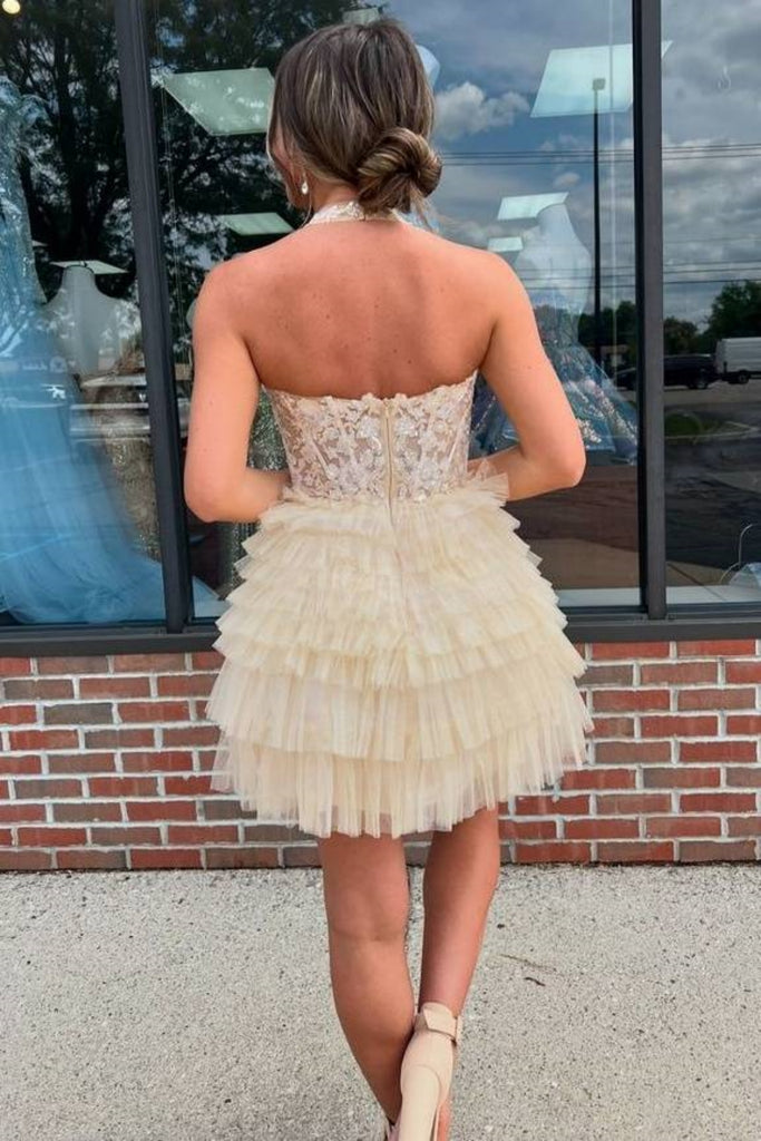 Halter V Neck Backless Yellow Lace Prom Dress, Short Yellow Lace Homec abcprom Halter V Neck Backless Yellow Lace Prom Dress, Short Yellow Lace Homec abcprom