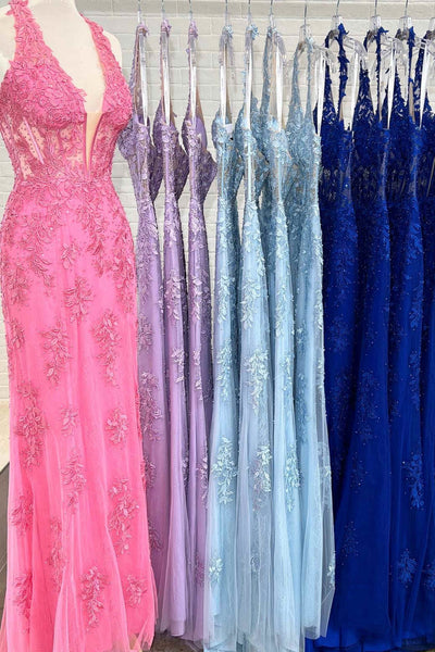 Halter V Neck Mermaid Purple/Pink Lace Long Prom Dress with High Slit, Mermaid Purple/Pink Lace Formal Graduation Evening Dress A1985