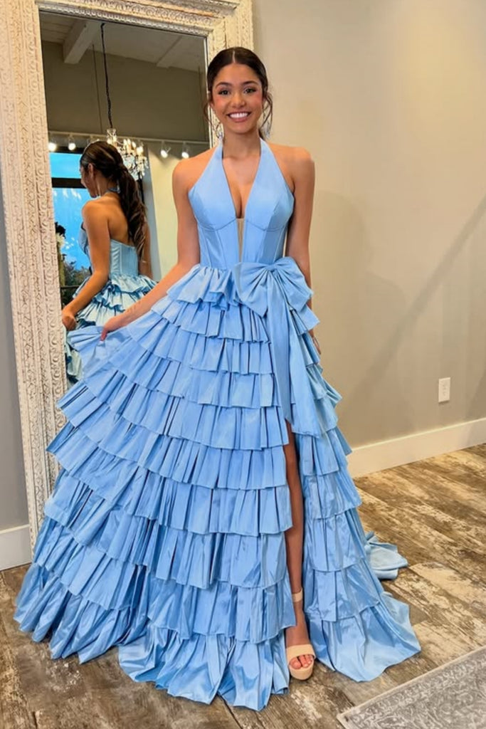 Halter V Neck Ruffle Blue Satin High Slit Long Prom Dress, V Neck Blue Formal Graduation Evening Dress Halter V Neck Ruffle Blue Satin High Slit Long Prom Dress, V Neck Blue Formal Graduation Evening Dress