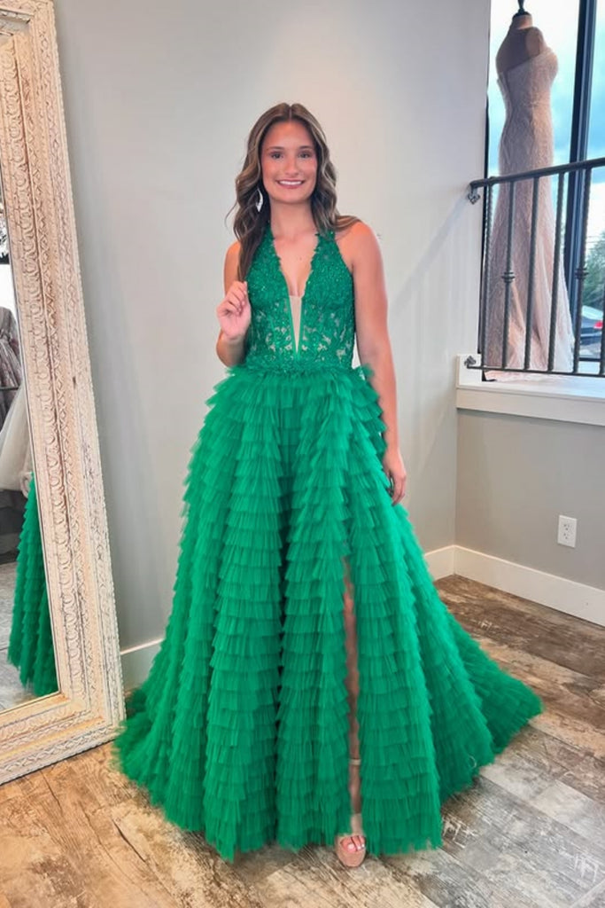 Halter V Neck Ruffle Green Lace Long Prom Dress with High Slit, Green abcprom Halter V Neck Ruffle Green Lace Long Prom Dress with High Slit, Green abcprom