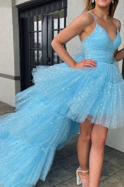 High Low V Neck Light Blue Long Prom Dress, Light Blue Sequins Tulle Formal Evening Dress, Light Blue Ball Gown A1917