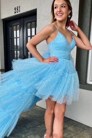 High Low V Neck Light Blue Long Prom Dress, Light Blue Sequins Tulle Formal Evening Dress, Light Blue Ball Gown A1917