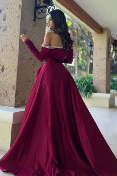 Long Sleeves High Slit Burgundy Satin Long Prom Dress with Pearls, Long Sleeves Burgundy Formal Dress, Burgundy Evening Dress A2479
