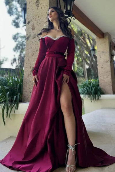 Long Sleeves High Slit Burgundy Satin Long Prom Dress with Pearls, Long Sleeves Burgundy Formal Dress, Burgundy Evening Dress A2479