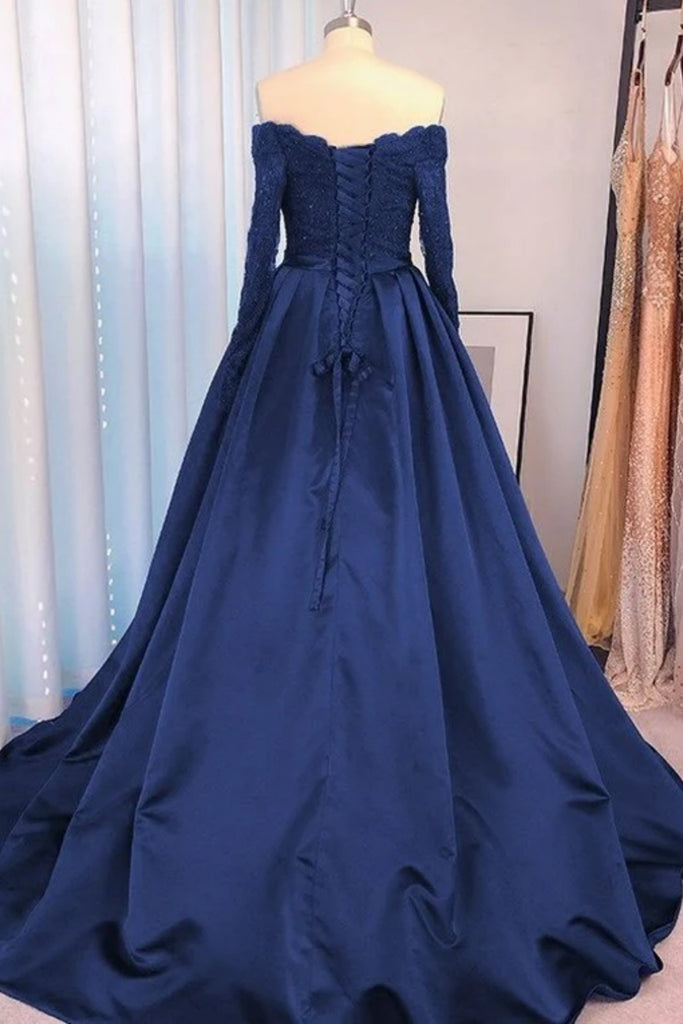 Long Sleeves V Neck Navy Blue Lace Long Prom Dress, Navy Blue Lace For abcprom Long Sleeves V Neck Navy Blue Lace Long Prom Dress, Navy Blue Lace For abcprom