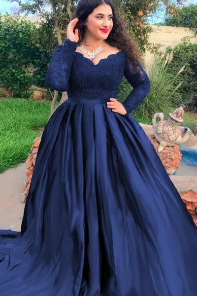 Long Sleeves V Neck Navy Blue Lace Long Prom Dress, Navy Blue Lace For