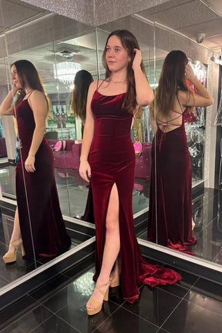 Mermaid Backless Burgundy Velvet Long Prom Dress with Slit, Mermaid Burgundy Formal Graduation Evening Dress A2324