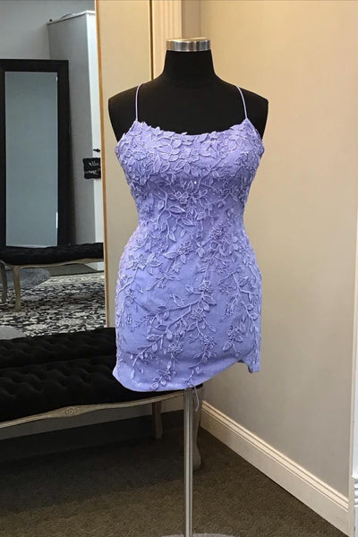 Mermaid Backless Lavender Lace Short Prom Dress, Lavender Lace Homecoming Dress, Lavender Formal Evening Dress A2577