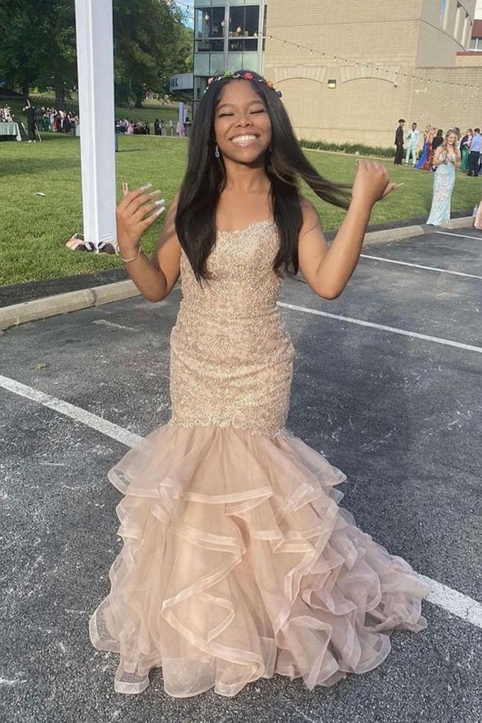 Mermaid Champagne Lace Long Prom Dress, Mermaid Champagne Formal Dress abcprom Mermaid Champagne Lace Long Prom Dress, Mermaid Champagne Formal Dress abcprom