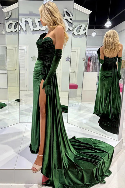 Mermaid Emerald Green Velvet Long Prom Dress with Train, High Slit Emerald Green Formal Dress, Emerald Green Evening Dress A2016