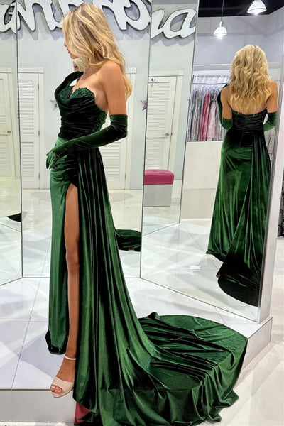 Mermaid Emerald Green Velvet Long Prom Dress with Train, High Slit Emerald Green Formal Dress, Emerald Green Evening Dress A2016