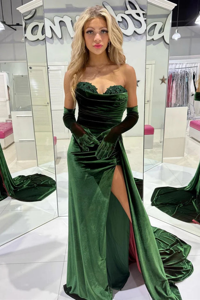 Mermaid Emerald Green Velvet Long Prom Dress with Train, High Slit Eme abcprom Mermaid Emerald Green Velvet Long Prom Dress with Train, High Slit Eme abcprom