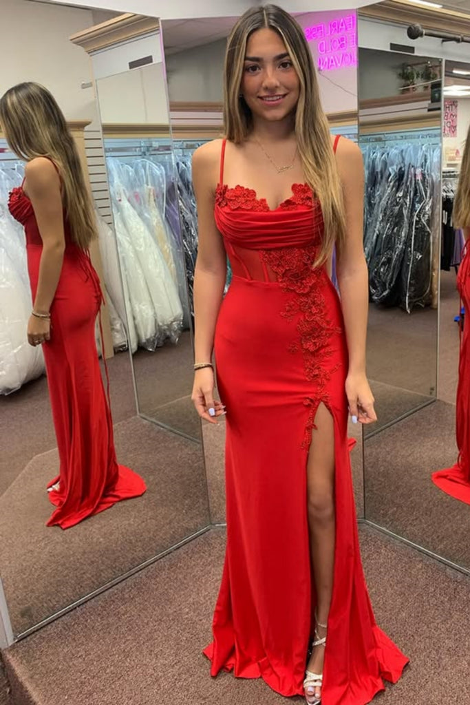 Mermaid High Slit Red/Black Lace Long Prom Dress with Appliques, Red/B abcprom Mermaid High Slit Red/Black Lace Long Prom Dress with Appliques, Red/B abcprom