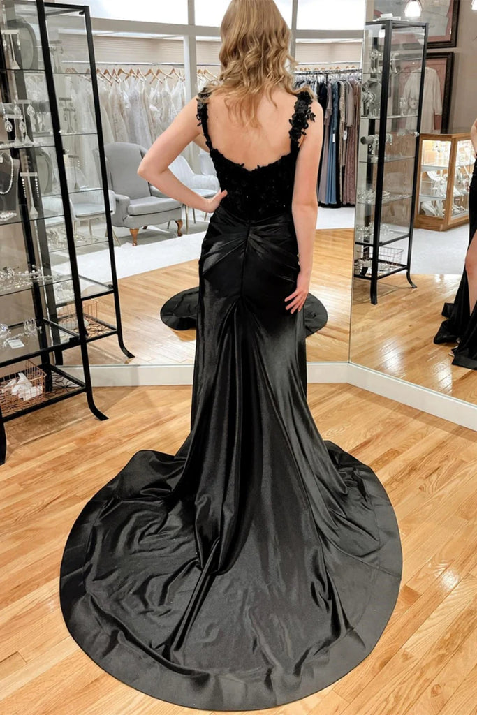 Mermaid Open Back Black Floral Long Prom Dress with High Slit, Mermaid abcprom Mermaid Open Back Black Floral Long Prom Dress with High Slit, Mermaid abcprom