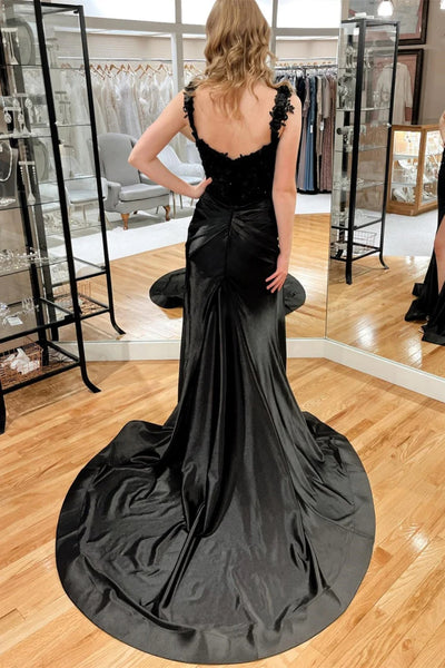 Mermaid Open Back Black Floral Long Prom Dress with High Slit, Mermaid Black Formal Dress with Train, Black Evening Dress with 3D Flowers A2121