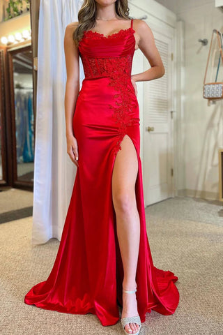Mermaid Red Lace Long Prom Dress with High Slit, Mermaid Red Formal Dress, Red Lace Floral Evening Dress A2083