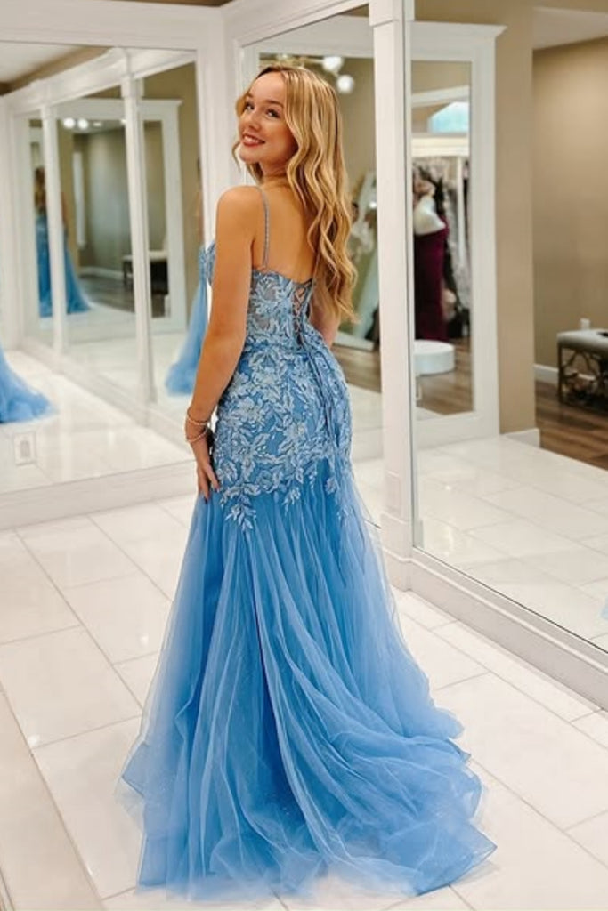 Mermaid Spaghetti Straps Blue Lace Long Prom Dress, Blue Lace Formal D abcprom Mermaid Spaghetti Straps Blue Lace Long Prom Dress, Blue Lace Formal D abcprom