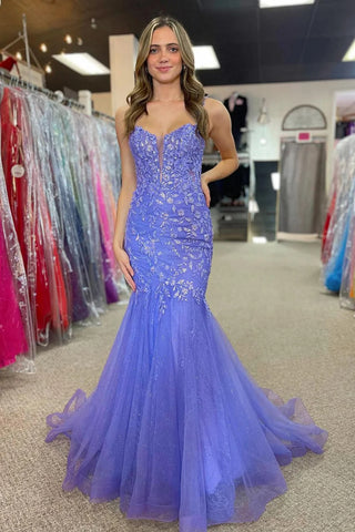 Mermaid Spaghetti Straps Lilac Lace Long Prom Dress, Mermaid Lilac Formal Dress, Lilac Lace Evening Dress A2064