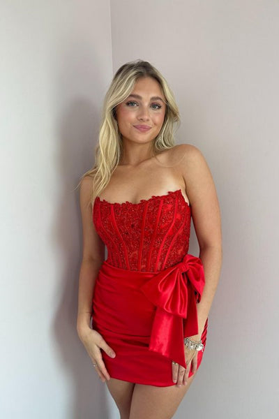 Mermaid Strapless Red Lace Short Prom Dress, Red Lace Homecoming Dress, Short Red Formal Graduation Evening Dress A2194