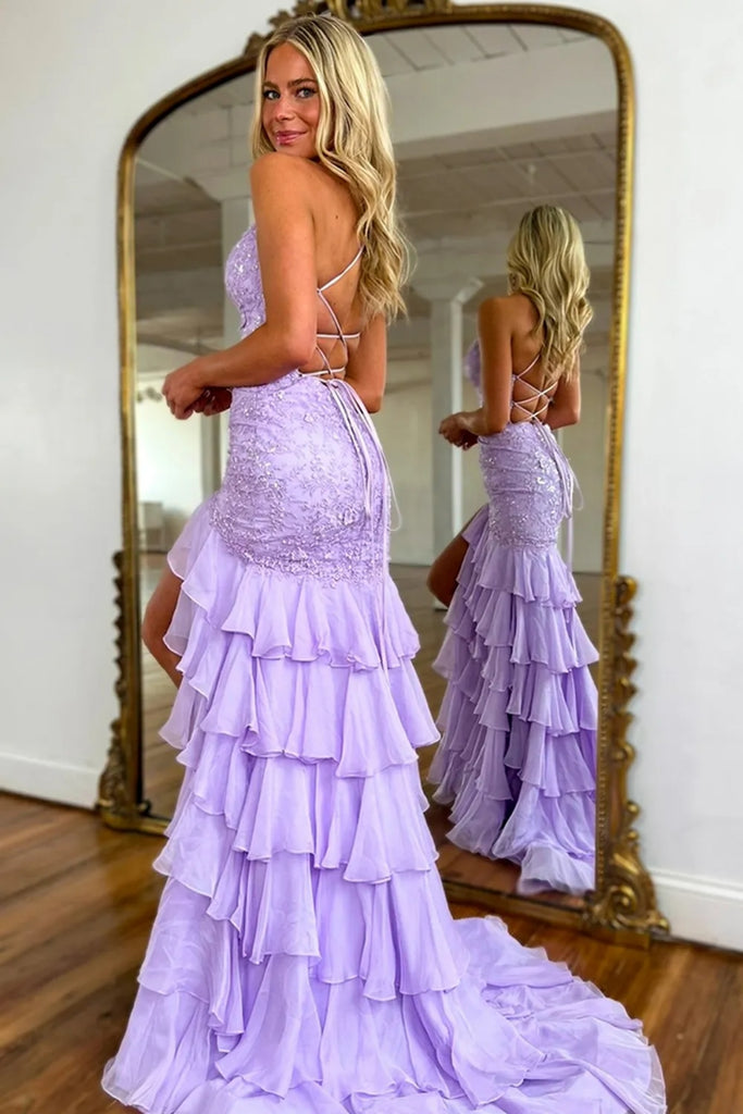 Mermaid V Neck Backless High Slit Lilac Lace Long Prom Dress, Mermaid abcprom Mermaid V Neck Backless High Slit Lilac Lace Long Prom Dress, Mermaid abcprom