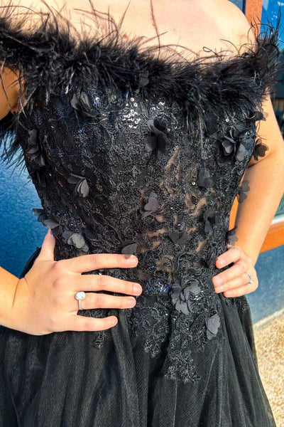 Off Shoulder Beaded Black Lace Long Prom Dress with High Slit, Off the Shoulder Black Formal Dress, Black Lace Evening Dress A1999