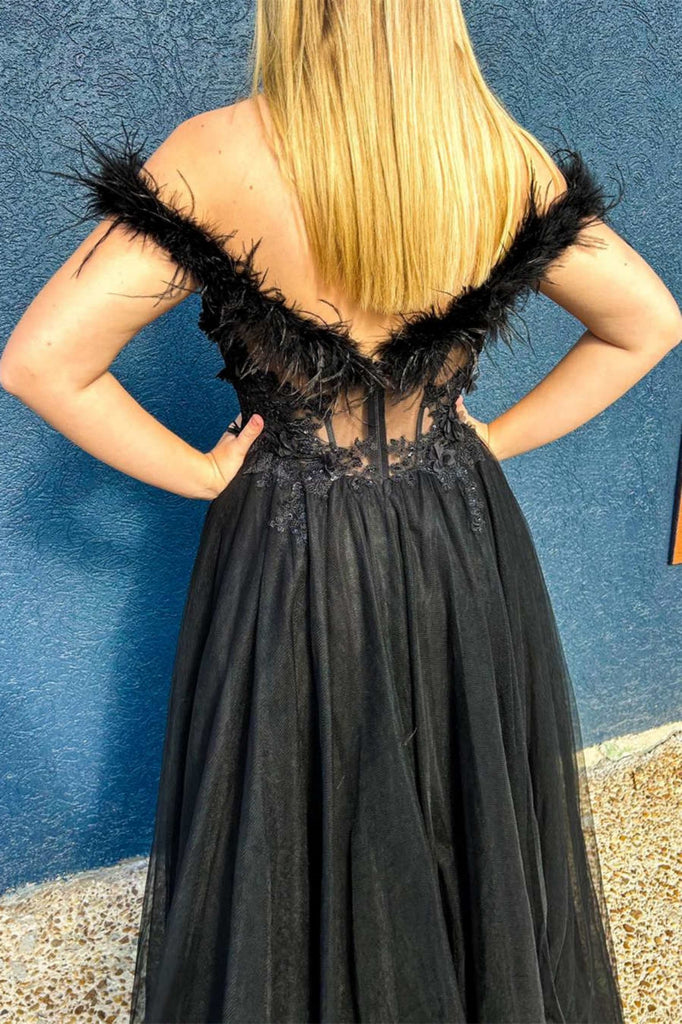 Off Shoulder Beaded Black Lace Long Prom Dress with High Slit, Off the