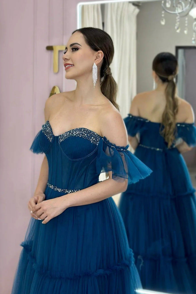 Off Shoulder Beaded Blue Tulle Long Prom Dress, Off the Shoulder Blue