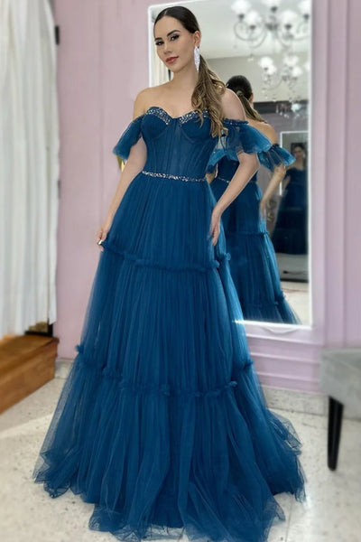 Off Shoulder Beaded Blue Tulle Long Prom Dress, Off the Shoulder Blue Formal Dress, Blue Evening Dress with Belt A1954