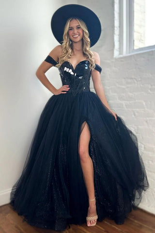 Off Shoulder Black Big Sequins Long Prom Dress with High Slit, Off the Shoulder Black Formal Dress, Black Evening Dress A2116