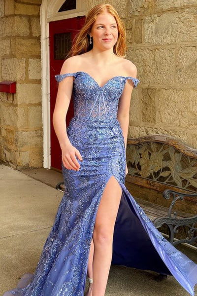 Off Shoulder Blue Lace Long Prom Dress with High Slit, Off the Shoulder Blue Formal Dress, Blue Lace Evening Dress A2101