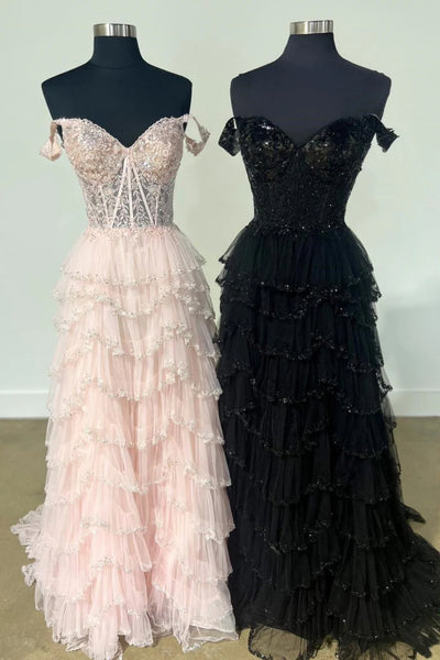 Off Shoulder Champagne Ruffle Tiered Lace Long Prom Dress with High Slit, Champagne Ruffle Tiered Lace Formal Evening Dress A2086