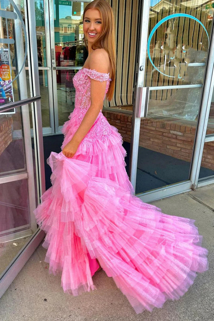 Off Shoulder Fluffy Hot Pink Lace Long Prom Dress with Slit, Hot Pink abcprom Off Shoulder Fluffy Hot Pink Lace Long Prom Dress with Slit, Hot Pink abcprom